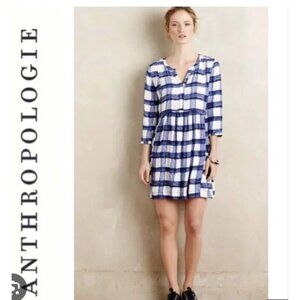 Maeve Devery Tunic Dress Womens Small Blue White Plaid Boho 3/4 Sleeve Pockets